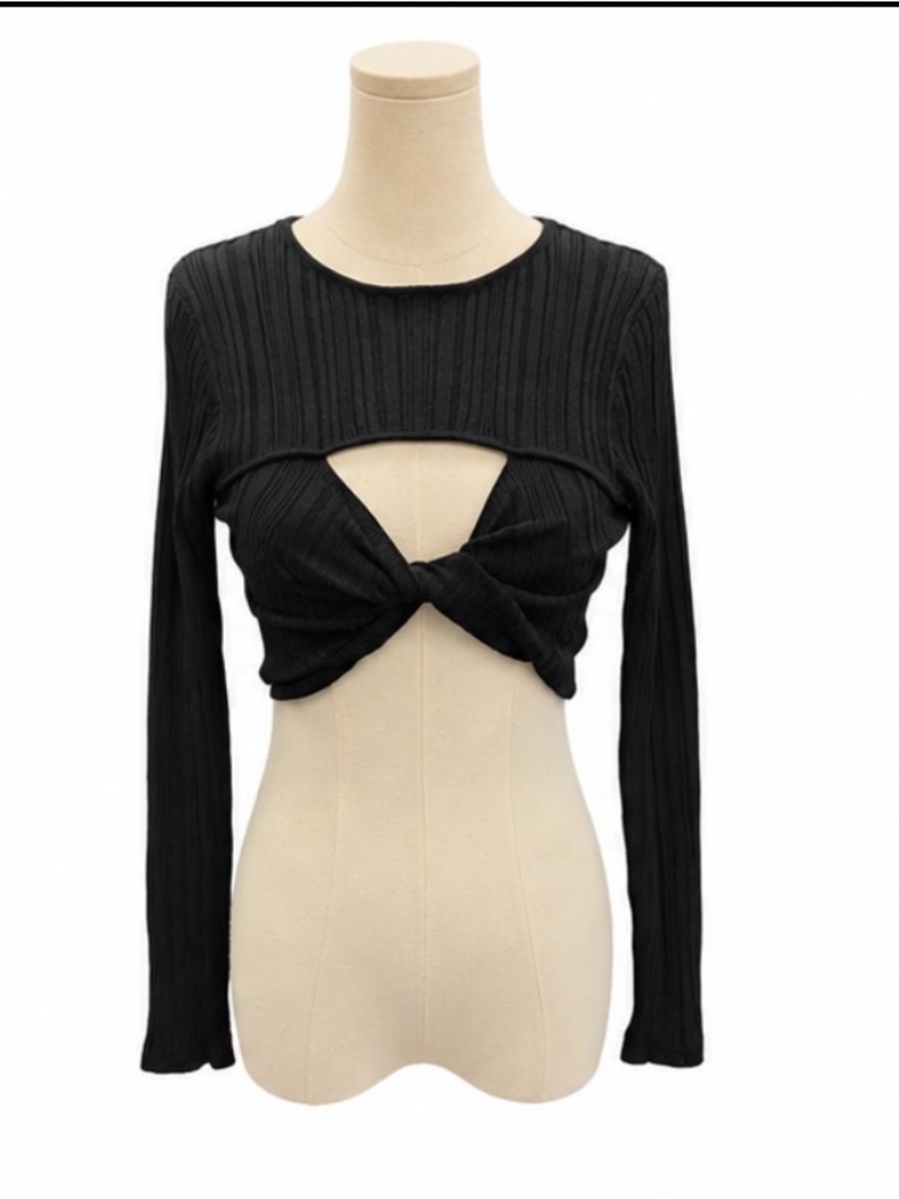 P.O.L. Black Ribbed Twist-Front Cutout Crop Top Size Medium